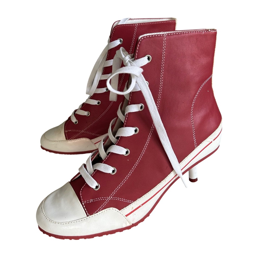 Y2K Steve Madden Kitten Heel High tops size 8.5 Red Leather Boots Streetwear - Picture 1 of 13